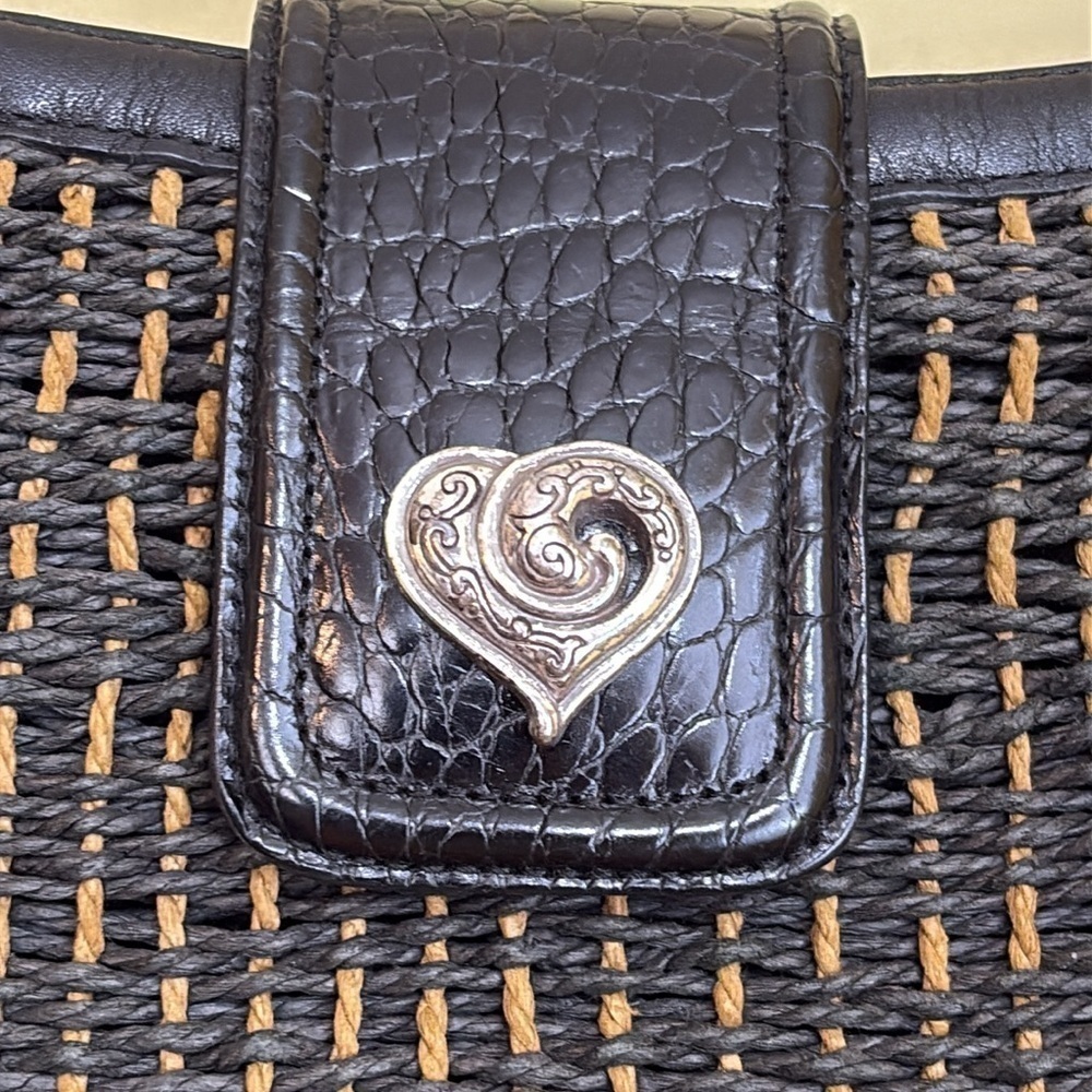 Brighton | Black Brown Woven Leather Trim Zip Top Magnetic Flap Shoulder Bag - Picture 3 of 13